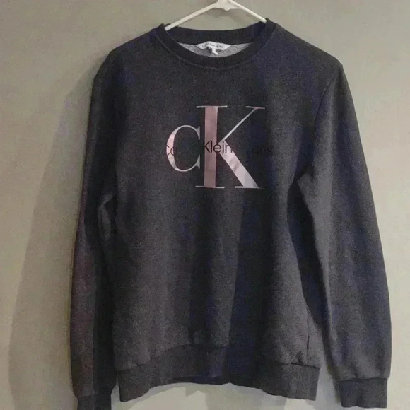 Calvin Klein Jeans dark gray pink metallic logo  crewneck sweatshirt wmns small - Picture 1 of 4